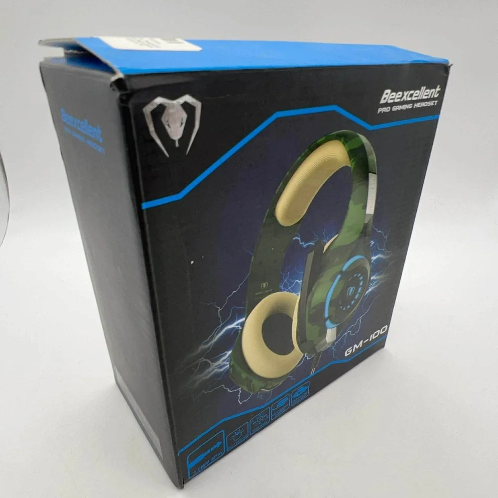 Beexcellent GM-100 Pro Gaming Headset Green Camo Wired LED Mic PS4 Xbox PC‎ EUC